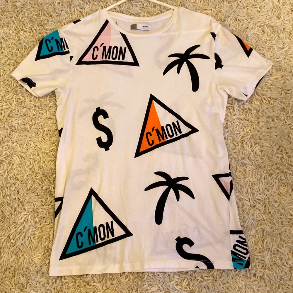 Men Bershka graphic all over print C’MON “come on” palm trees $ short sleeve Tee